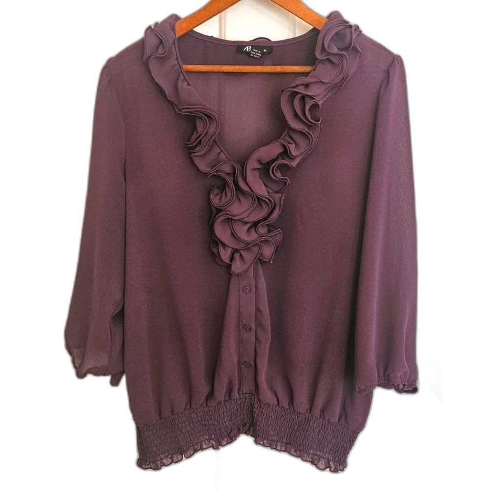 AB Studio Shirt Top Womens Size XL Purple Eggplant Ruffled Neckline Feminine